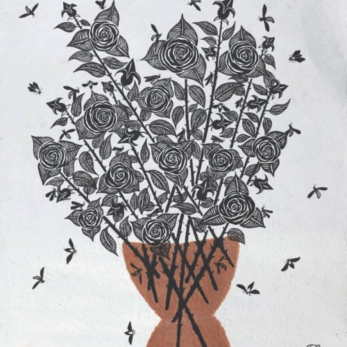 Selma Gürbüz  Still Life with Rose, 2011  Ink on handmade paper  163 x 115 cm 64 1/8 x 45 1/4 in