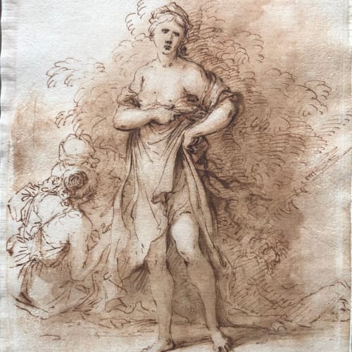 Salvator Rosa, Quattro figure all'ombra di un albero: una donna in piedi che si scopre i seni, un uomo e una donna seduti dietro di lei a sinistra e una quarta figura a destra, 1655