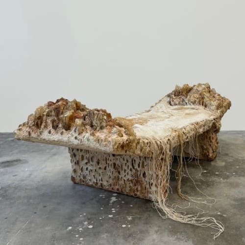 Anna Kunst  The Primal Awe bench, 2024  Raw Honey Calcite Crystals, Hand Colored Sand Binder, Handwoven Deadstock Linen Yarns and Filament Yarns  46 x 54 x 143 cm  18 x 21 ¼ x 56 ¼ in  Unique