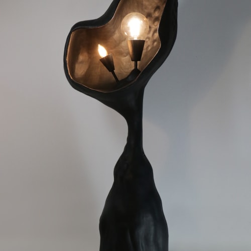 Vadim Kibardin  Black Nostalgia (M Size), 2025  Black paper, cardboard, organic glue, LED Light equipment  150 x 51 x 38 cm  59 x 20 x 15 in  Unique