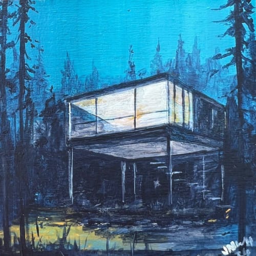 John Hainsworth, Forest Studio 3, acrylic on board, 10 x 10 cm, 2024