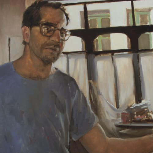 Tomas Watson, Self Portrait (as a father), oil on sized paper mounted on canvas, 40 x 30 cm, 2024
