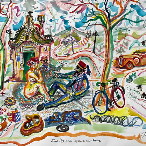 Chris Orr, Blue Dog and Dejeuner sur l'herbe, watercolour, 56 x 76 cm, 2021