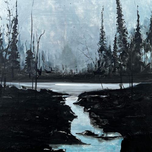 John Hainsworth, Paynes Grey Pines, acrylic on board, 25 x 20 cm, 2024