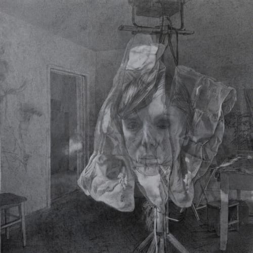 indoors during ... Ghost, 2022, oil-based charcoal on toned canvas, 175 x 115 cm