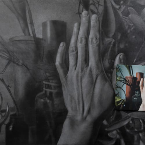 Left Hand, 2022, oil-based charcoal on toned canvas stretched on wood panel, 78 x 118 x 4 cm., and digital...