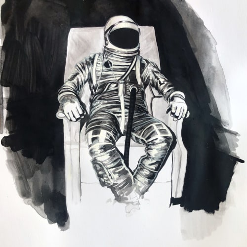astronaut seated in a lazy chair an ink drawing by William Burton Binnie