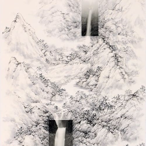 A landscape painting with a vertical composition, in which two sections of waterfalls with running water are photo-printed