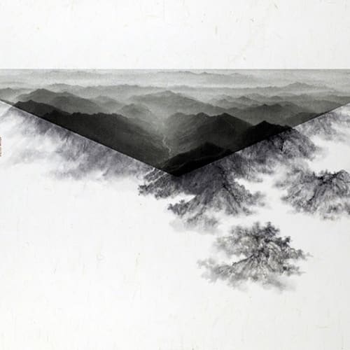 a photography printed in triangle shape and the mountain painting expand on the edge