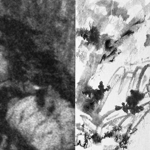 A picture containing ink painting on the left and black and white photography on the right, abstract line, depicts mountain 