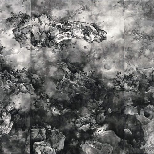 A triptych work depicting a meteorite floating and cascading in a chaotic landscape