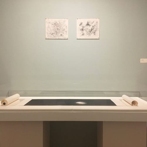 Two works hang on the wall, and a scroll is displayed on the showcase in front of it