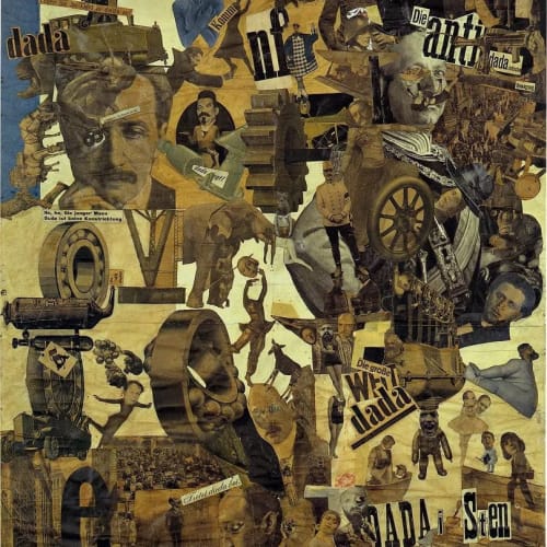 A collage that includes portraits and characters
