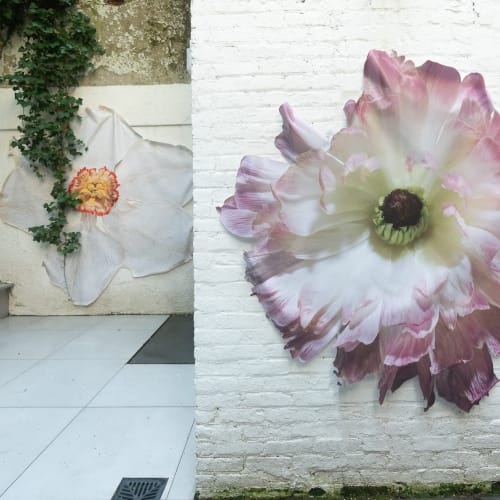 There are two large size prints of the front of the flowers hanging on the wall in the back garden