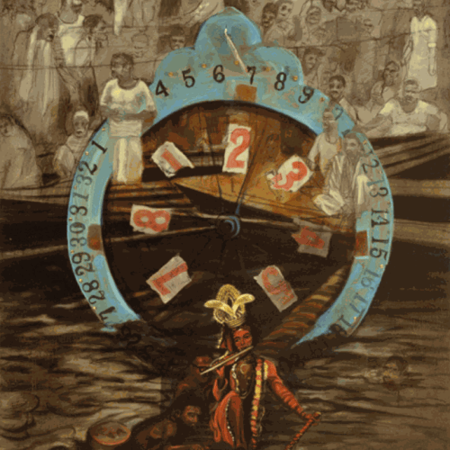 ROBERT MANGO Krishna Passing Through the Wheel of Fortune 46" x 34" inches oil on canvas and mixed media 1993