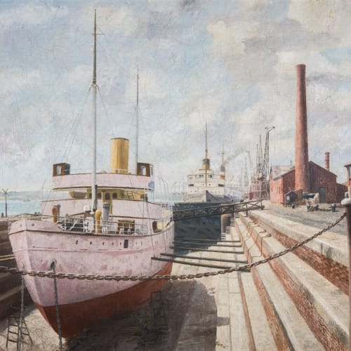 'Dry Dock, Southampton' (1935), oil on canvas, 61.5 x 75 cm, Collection: Barings PLC, UK, Photo by Paul Carter, © Richard Eurich Paintings