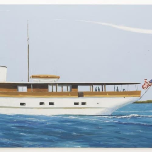 Julio Larraz The Innisfail on the Santa Ana, 2016 Oil on canvas, 60 x 72 inches Signed:Larraz (l.r.r.) For sale at Surovek Gallery