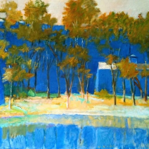 Wolf Kahn, Two Farm Buildings and a Pond, 1989 Oil on canvas 40 x 52 inches Framed Size: 41.25 x 53.25 inches