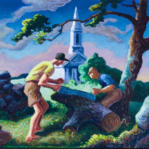 Thomas Hart Benton Woodcutters at Chilmark, 1948 Oil on masonite, 8 1/2 x 11 7/8 inches Signed and dated: Benton 48 (l.r.) For sale at Surovek Gallery