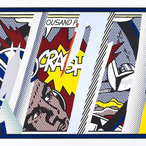 Roy Lichtenstein Reflections on Crash, 1990 Lithograph, screen print and metalized PVC on paper Image: 53 1/16 x 69″, Sheet: 59 1/8 x 75″ Signed, numbered, dated: 56/68 R Lichtenstein ‘90 For sale at Surovek Gallery