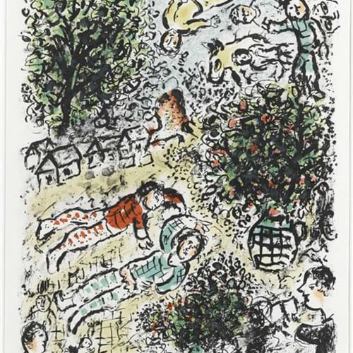 Marc Chagall Acrobats, 1984 Lithograph, Plate 24 x 18.7 inches, Sheet Size 32 x 25 1/2 inches Signed and numbered 24/50 For sale at Surovek Gallery