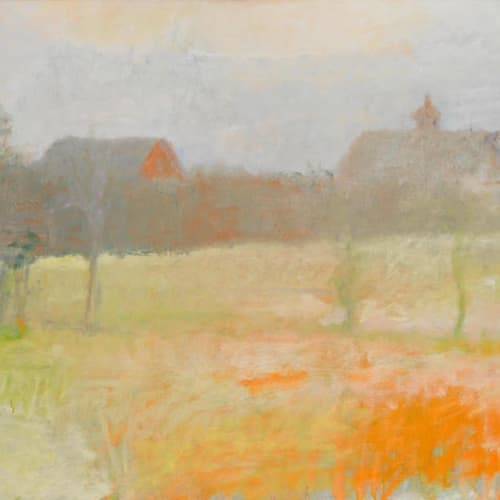 Wolf Kahn Two Barns at Dawn Oil on canvas, 36 3/8 x 48 1/4 For sale at Surovek Gallery