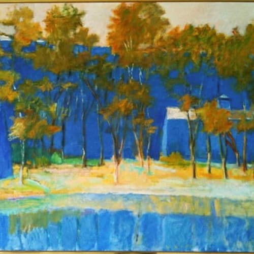 Wolf Kahn Two Farm Buildings and a Pond, 1989 Oil on canvas, 40 x 52, Framed size 41.25 x 53.25 inches For sale at Surovek Gallery
