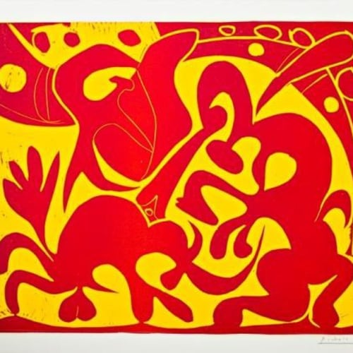 Pablo Picasso Pique (Rouge et Jaune, 1959 Linoleum cut printed in red and yellow, 20 7/8 x 25 inches, Signed in pencil For sale at Surovek Gallery © 2022 Estate of Pablo Picasso / Artists Rights Society (ARS), New York