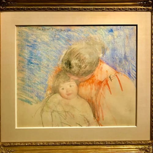 Mary Cassatt Sketch of a Mother Looking Down at Thomas Pastel counter proof mounted to back of mat, 26 7/8 x 29 1/4 inches For sale at Surovek Gallery