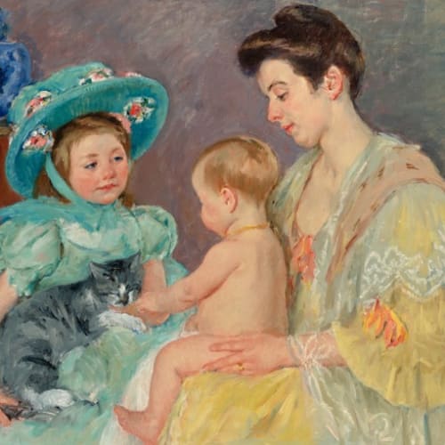 Mary Cassatt Children Playing with a Cat, 1908 Oil on canvas 32 x 39 1/2 inches Signed: Mary Cassatt (l.r.) For sale at Surovek Gallery
