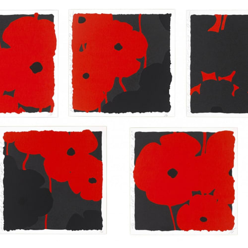 Donald Sultan Red Poppies, Suite of 5, 2007 Screenprints with Flocking 24 x 24 inches Edition of 75 Signed left side with title and “April 28 2007, DS” Signed lower right 16/75 For sale at Surovek Gallery