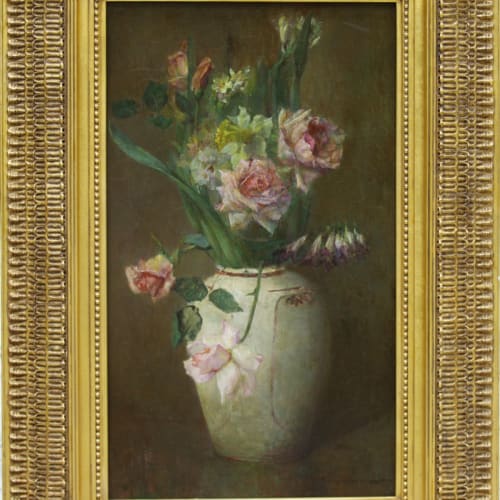 Maria Oakey Dewing Spring Flowers with Roses, Daffodils and Larkspur, 1923 Oil on canvas 24 x 14 inches Signed and dated: Maria Oakey Dewing 1923 For sale at Surovek Gallery