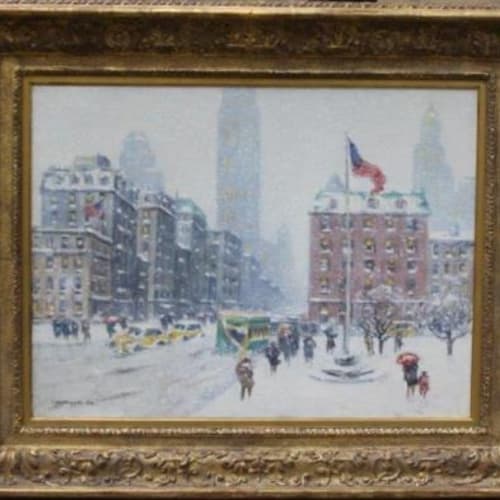 Guy Wiggins Winter at Madison Square Oil on canvas 25 x 30 inches Signed lower right: Guy Wiggins N.A. For sale at Surovek Gallery