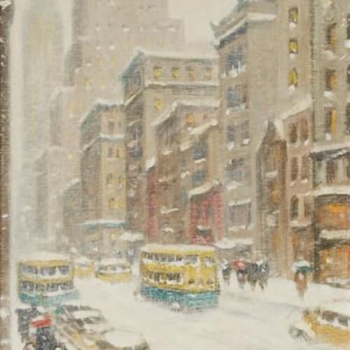 Guy Wiggins Snowstorm in Midtown Manhattan Oil on canvasboard 16 x 12 inches Signed Guy Wiggins, N.A. (lower right) and signed again and inscribed with title (on the reverse For sale at Surovek Gallery