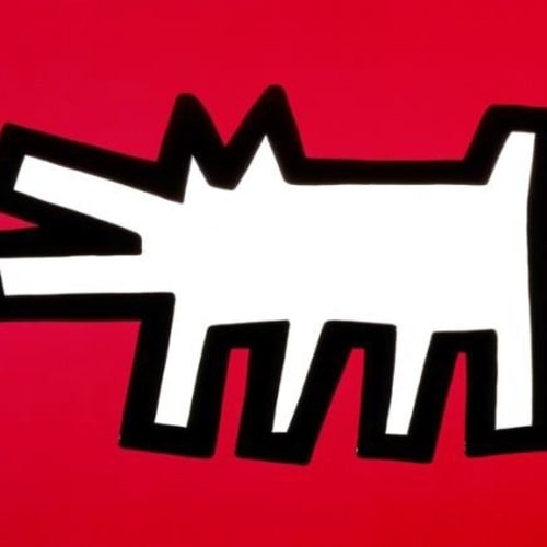 Keith Haring Barking Dog, 1990 Silkscreen with embossing 21 x 25 inches Edition 133/250 Signed on verso by Julia Gruen, Executor of the Haring Estate For sale at Surovek Gallery