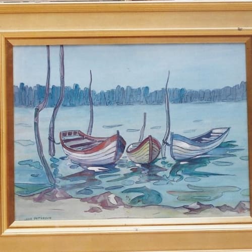 Jane Peterson Three Boats in Venice Gouache on paper 19 x 24 inches Signed: Jane Peterson (l.r.) For sale at Surovek Gallery