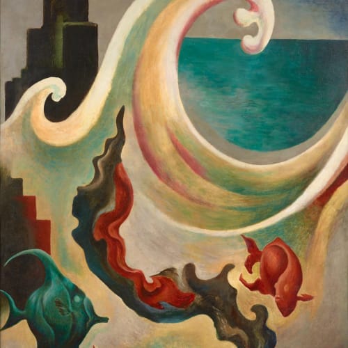 Thomas Hart Benton Sea Phantasy, 1925-26 Oil on metal 63 x 47 inches Sea Phantasy is a panel from Thomas Hart Benton’s first mural commission, executed in 1925-1926 for sportsman Albert Briggs For sale at Surovek Gallery