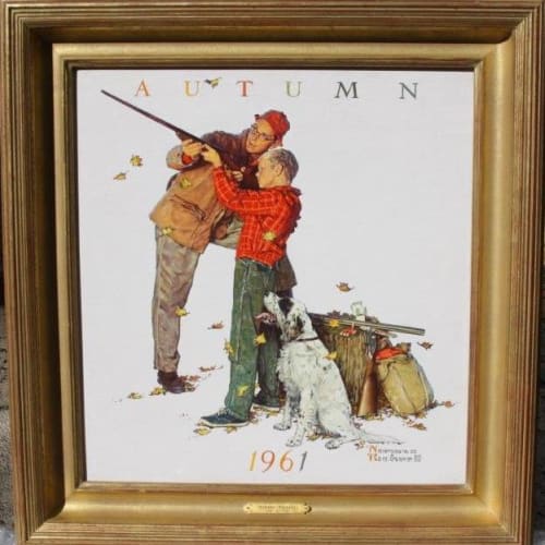 Norman Rockwell Autumn-Father and Son Bird Hunting Oil on canvas 19 x 18 inches Signed: Norman Rockwell (l.r.) For sale at Surovek Gallery