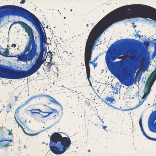 Sam Francis (1923-1994) Untitled (Blue Balls), c. 1961 Matte acrylic on paper 48 x 63 1/2 inches Inscribed in pencil with the Litho Shop identification number, locations painted, and dimensions of the work on verso: SF61-981 Bern/Paris 48″ x 63 1/2″ Available at Surovek Gallery