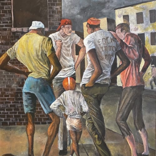 Ernie Barnes Setting the Game Rules, c. 1975 Acrylic on canvas 40 x 30 inches Available at Surovek Gallery