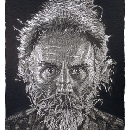 Chuck Close Lucas Paper/Pulp, 2006 [Portrait of the Greek-American artist, Lucas Samaras] Stenciled handmade paper print in Nine colors Paper Size: 48 x 40 inches Edition: 1 of 50 For sale at Surovek Gallery