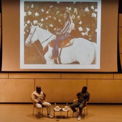 Otis Kwame Kye Quaicoe (R) in conversation with Larry Ossei-Mensah at the Phoenix Art Museum, 2023