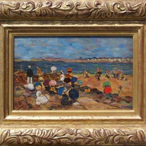 Maurice Prendergast On the Beach, St. Malo, c.1907 Oil on panel 8 1/4 x 13 inches Signed: Prendergast (l.r. in brown) For sale at Surovek Gallery