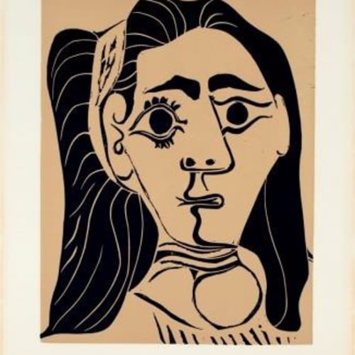 Pablo Picasso Femme Aux Cheveux Flous, 1962 Linoleum cut 35 x 27 cm Edition; 29/50 Signed: Picasso in pencil (l.r.) For sale at Surovek Gallery © 2022 Estate of Pablo Picasso / Artists Rights Society (ARS), New York