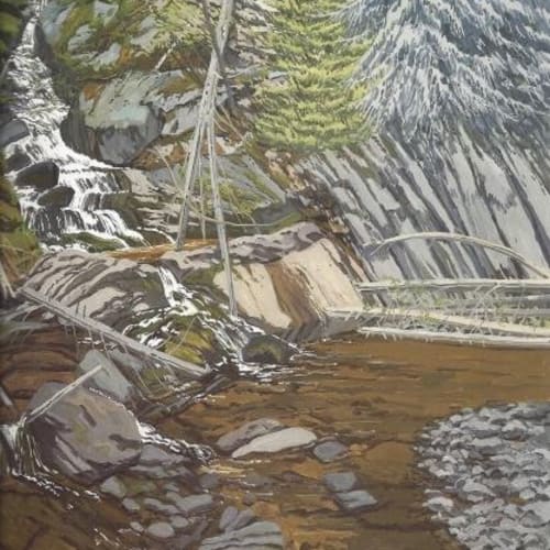 Neil Welliver Bear Hole Oil on canvas 72 x 72 inches Signed:Welliver (l.r.) For sale at the Surovek Gallery