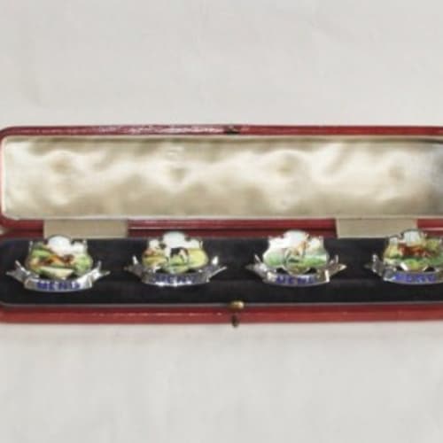 Antique English Set of Four Silver & Enameled Menu Holders of Hunt Scenes in original box, Birmingham, 1904 Available at Select Fine Art
