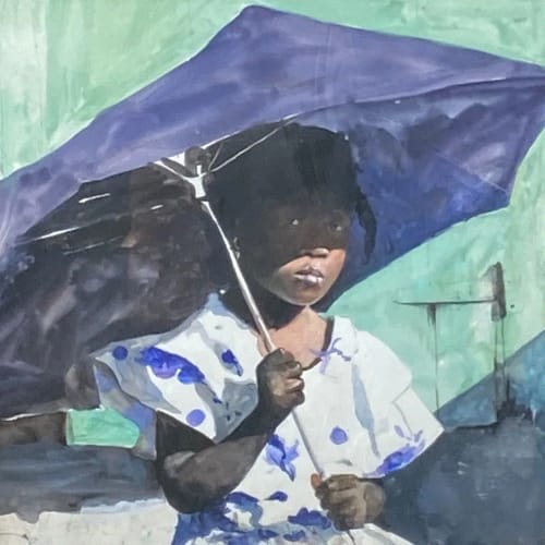 Stephen Scott Young Blue Umbrella Watercolor on paper 12 x 14 inches Available at Surovek Gallery