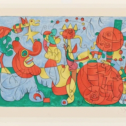 Joan Miró CHEZ LE ROI DE POLOGNE : UBU ROI, PLANCHE III, 1954 Gouache and watercolor over lithograph on paper 16 7/8 x 25 1/8 inches, 43 x 64 cm Available at Surovek Gallery