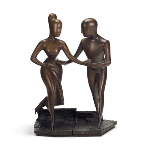 Elie Nadelman TANGO, 1974 Bronze with goldish-brown patina height 34 in (86.4 cm) Edition 1 of 3 Inscribed 'EN' and stamped '1/3 EJN' (along the base of the male figure) Available at Surovek Gallery