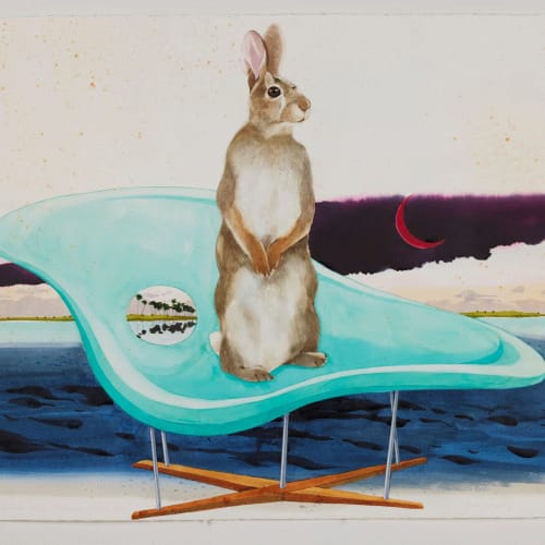 Scott Kelley MARSH RABBIT IN AN EAMES CHAISE, HOMOSASSA, 2023 Watercolor, gouache and ink on paper 30 x 40 in 76.2 x 101.6 cm Available at Surovek Gallery